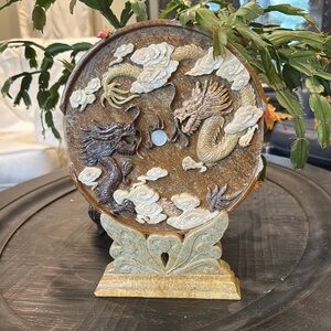 Decorative Hard Stone Dragon Plate on Stand AS-IS
